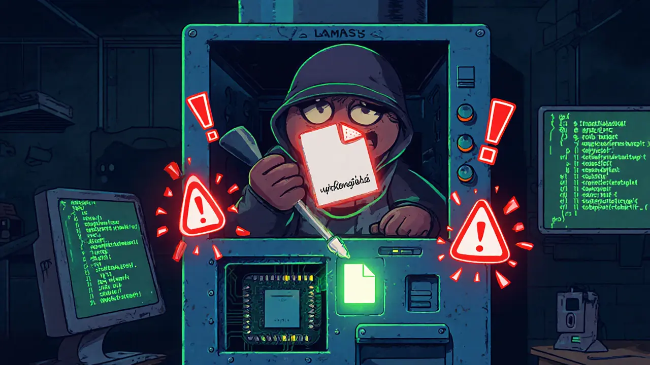 A cartoon hacker drops malicious code into a crypto ATM&#039;s system.