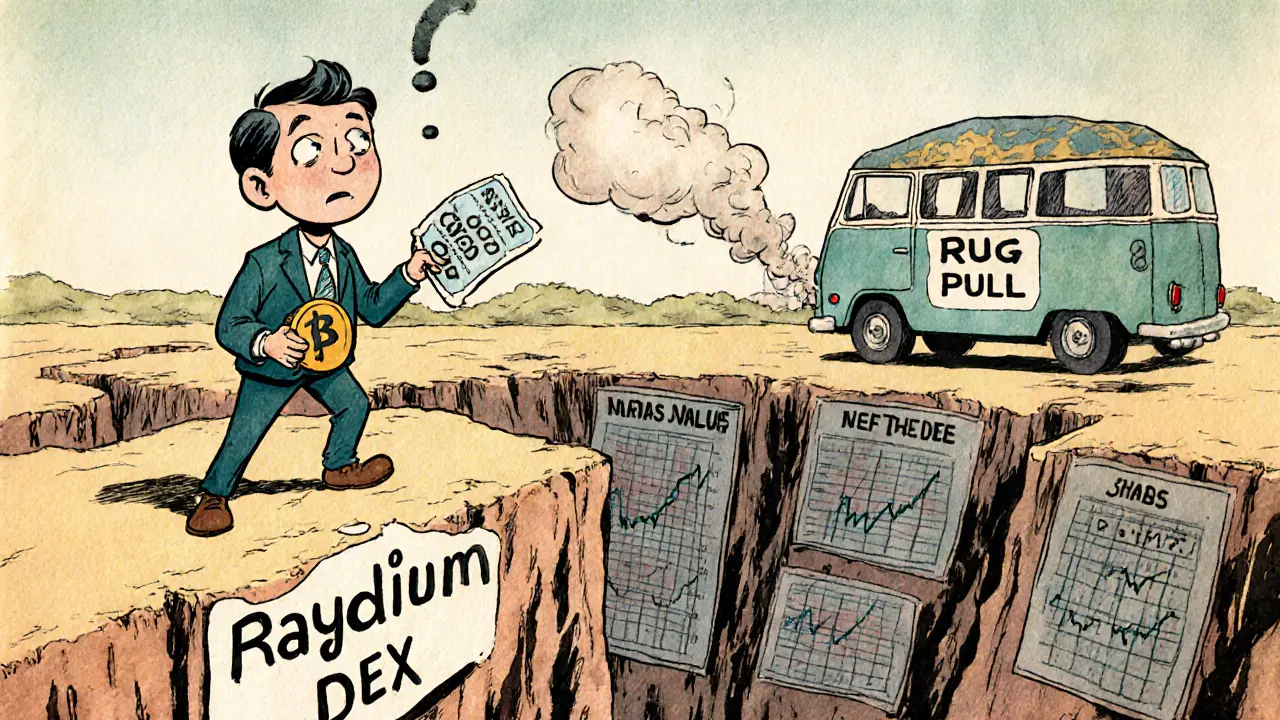 A confused investor on a cliff above a zero-volume pit, holding a COOL token as a van labeled &#039;Rug Pull&#039; disappears.