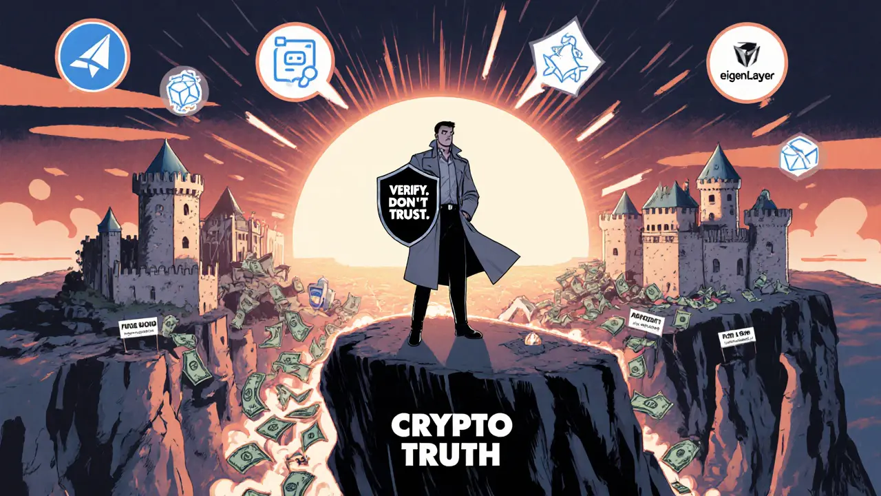 A hero standing strong against a collapsing CKN project, with real crypto projects glowing in the distance.