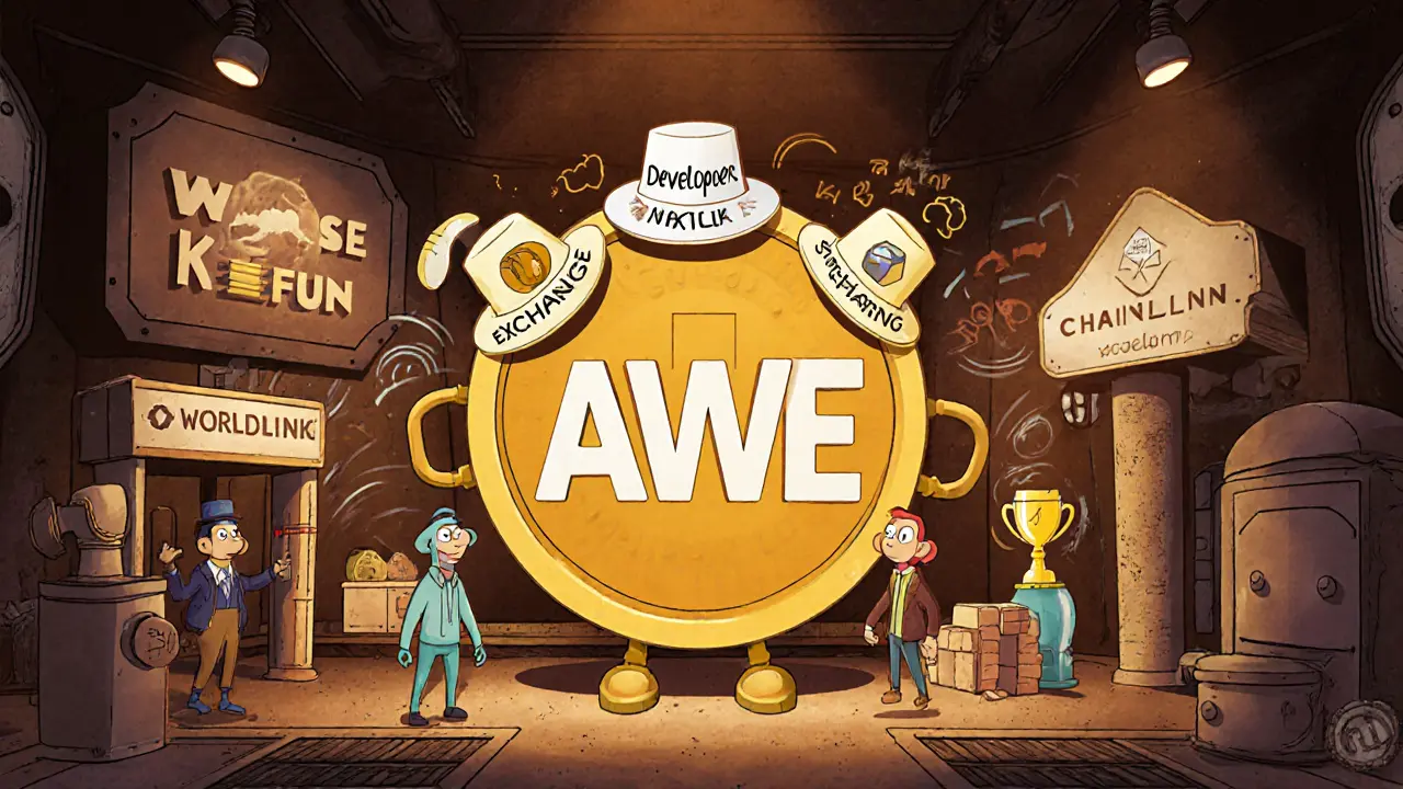 A large AWE coin wearing four hats representing governance, exchange, staking, and rewards in a control room.