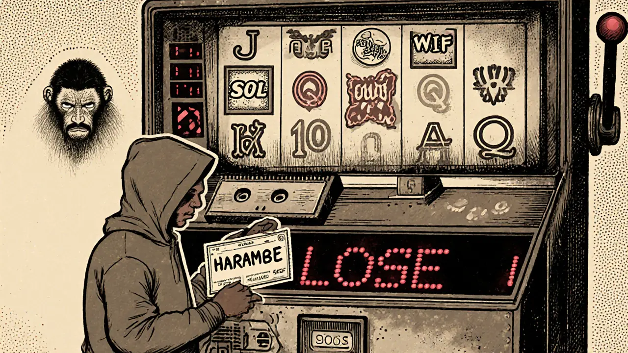 A trader holding a HARAMBE lottery ticket in front of a slot machine showing &#039;0.0016&#039;.