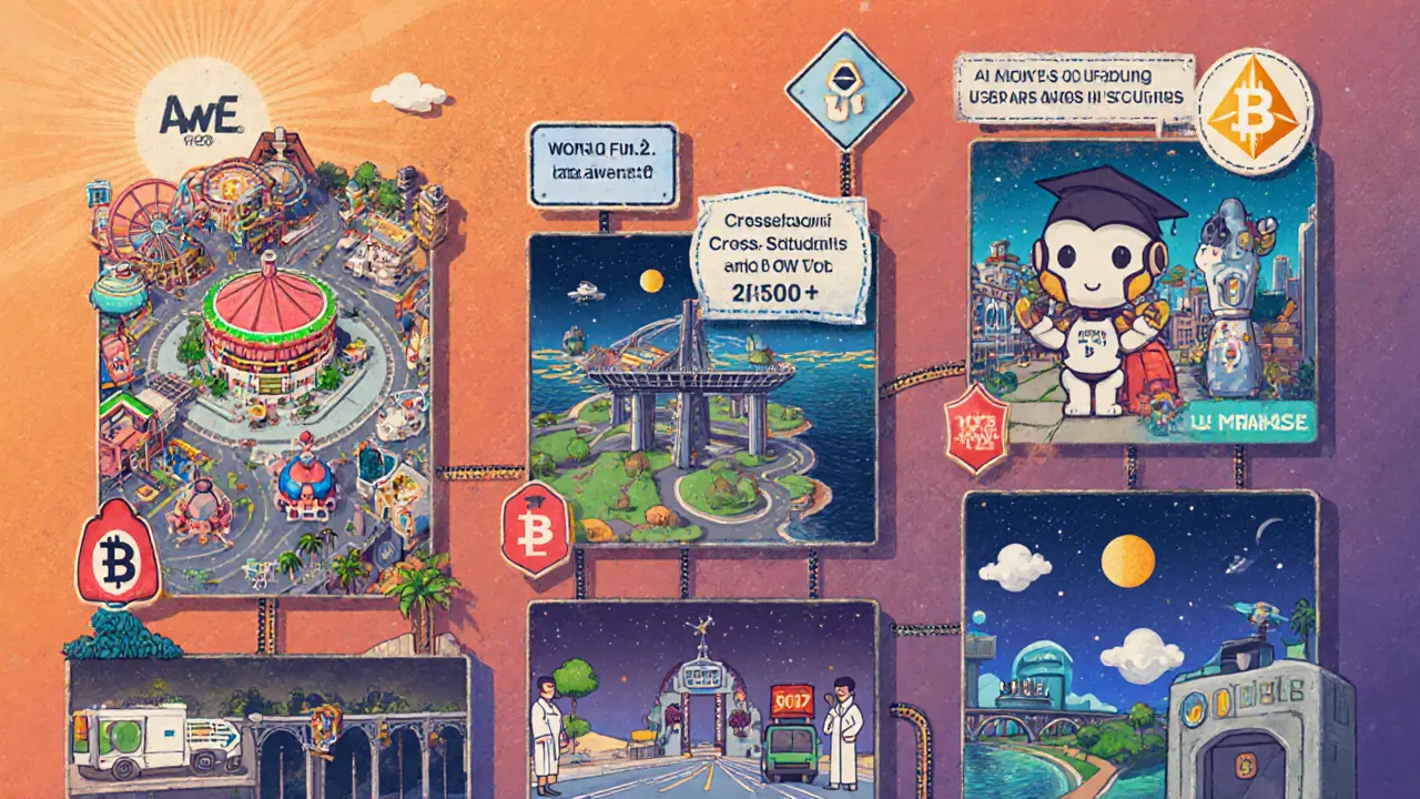 A vintage road sign roadmap showing World.Fun 2.0, learning agents, cross‑chain bridges, and large simulations.