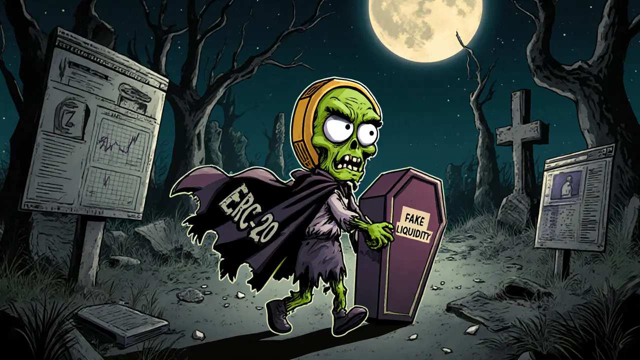 A zombie COOL token dragging a coffin through a digital graveyard of dead websites and fake charts.