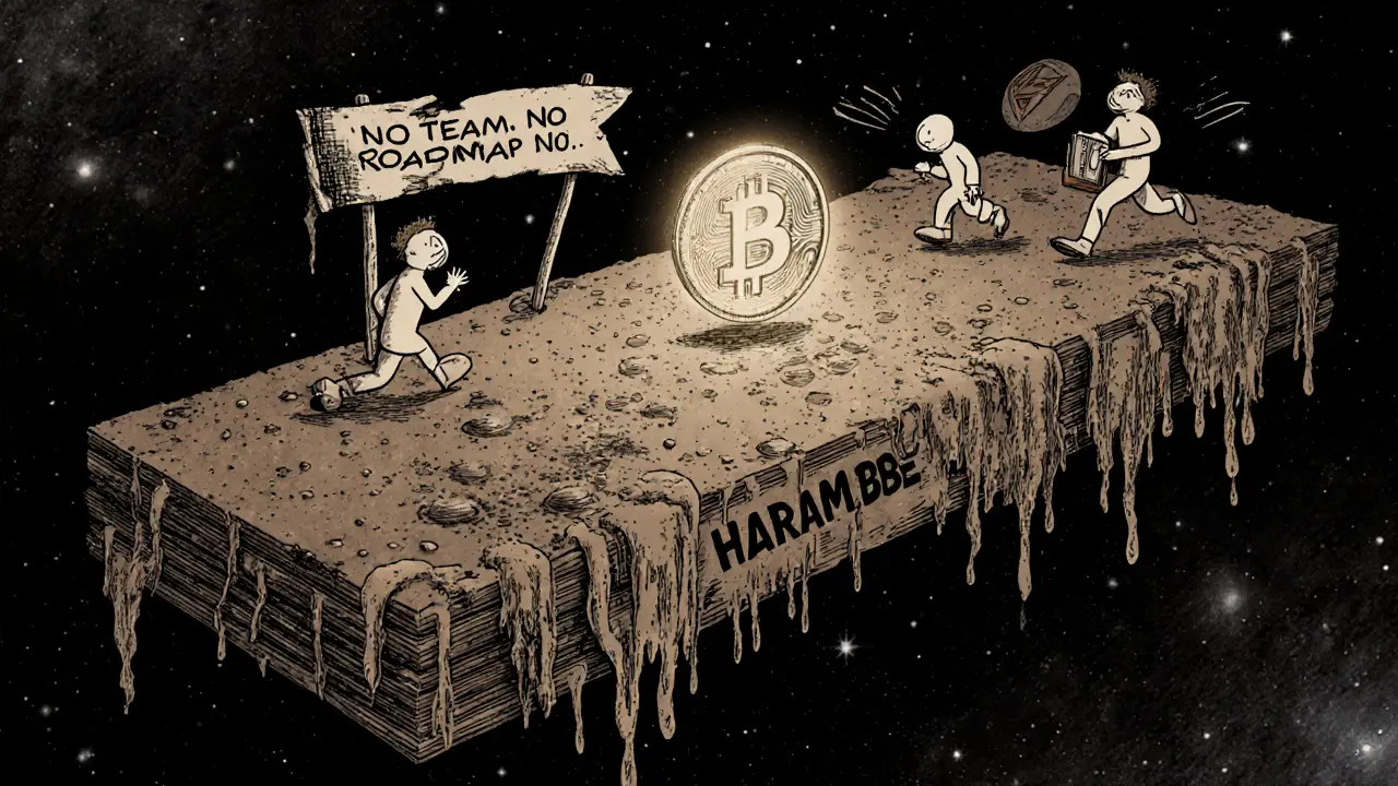 An abandoned blockchain ledger with a faintly glowing HARAMBE token and fleeing traders.