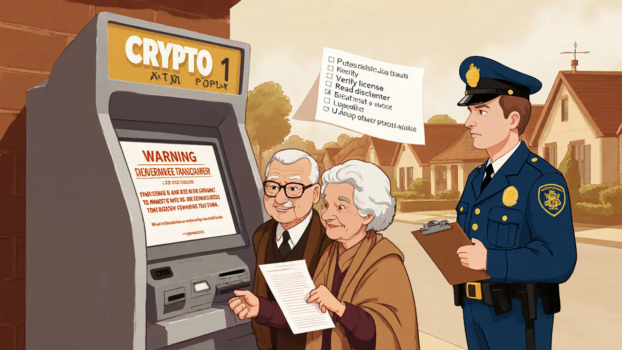 An elderly couple reads a warning on a crypto ATM with a police officer nearby.