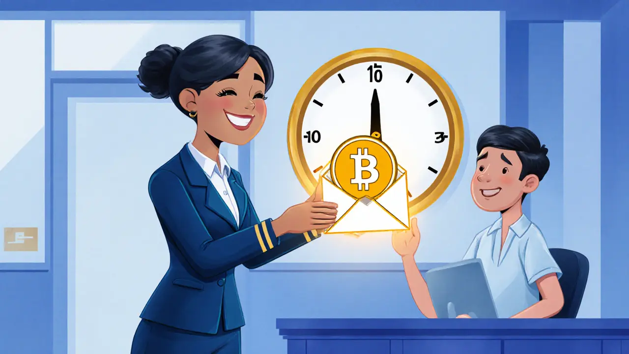 Bank teller hands a crypto refund envelope to a relieved user.