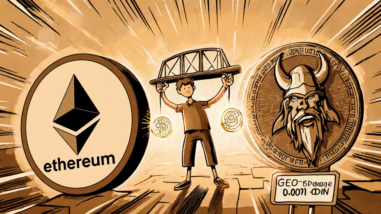 Cartoon character bridging GEO tokens from Ethereum to ODIN Chain using a bridge.