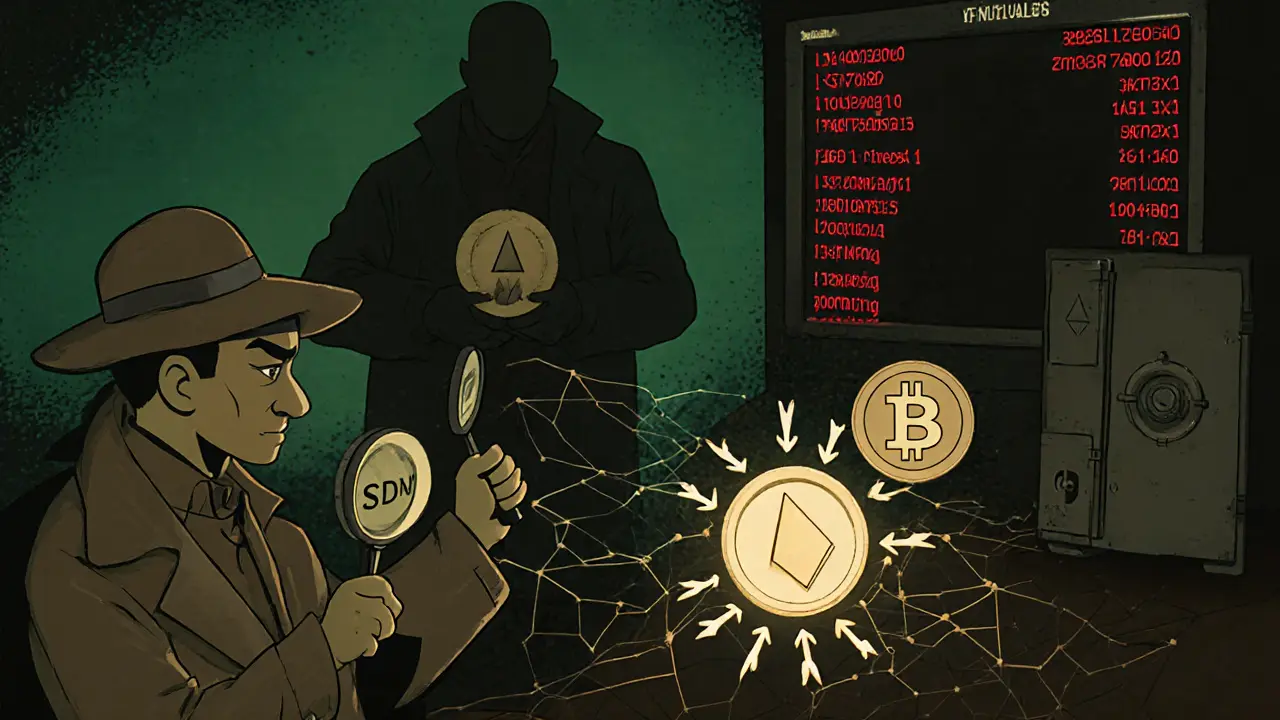 Cartoon detective examining crypto network with Monero coin and red alert highlights.
