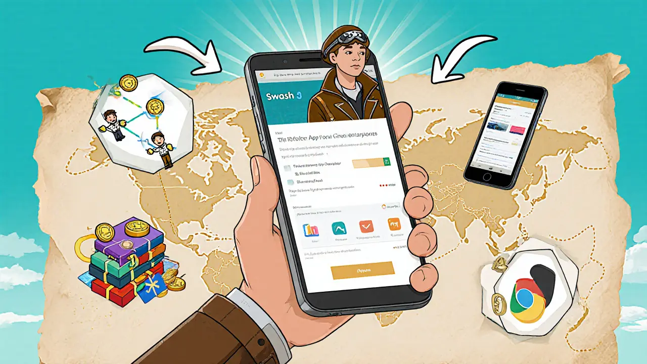 Cartoon hero holds smartphone showing Swash V3 app with referral, gift‑card, and mobile features.