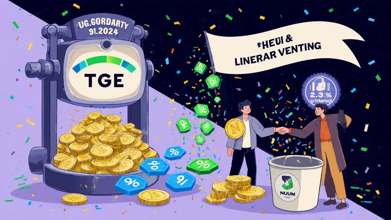 Cartoon machine converting NEER to NUUM with 30% instant release and vesting pipe, plus referral exchange.