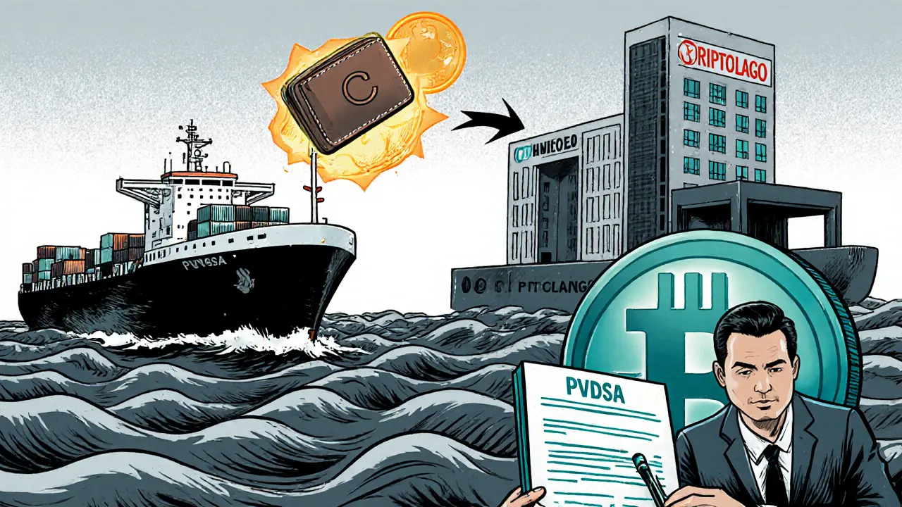 Cartoon of ship-to-ship oil transfer with USDT arrow pointing to Criptolago exchange.