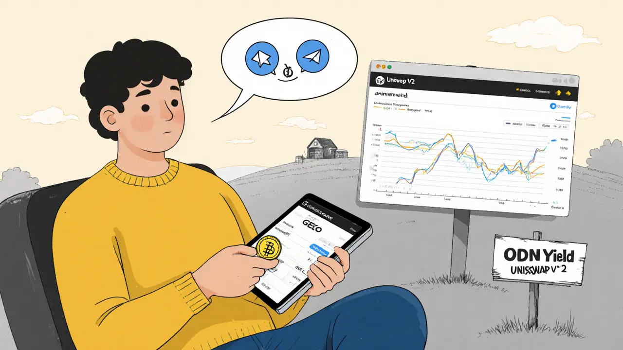 Cartoon user viewing GEO balance in Wallace Wallet with low‑volume DEX and farm icons.