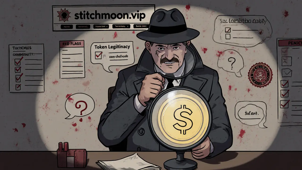 Detective scrutinizes a STITCH coin with red flags and a legitimacy checklist.