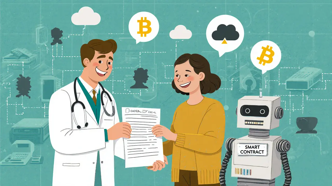 Doctor gives consent form to patient while a smart contract robot watches, cartoon illustration.