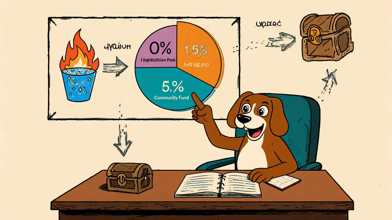 Dog at a desk showing token tax split into liquidity pool, burn flame, and community chest.