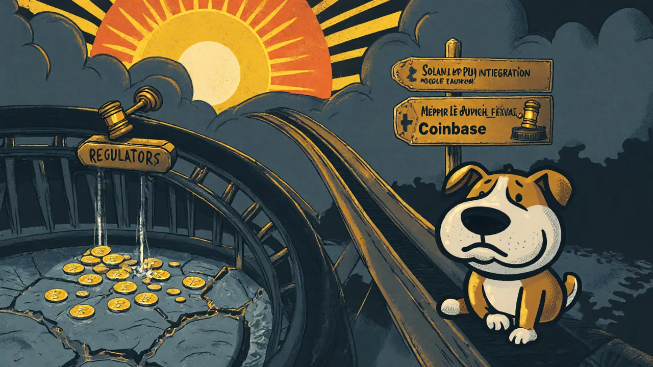 Dog on a roller coaster of price swings with cracked liquidity pool, regulator gavel, and sunrise roadmap.
