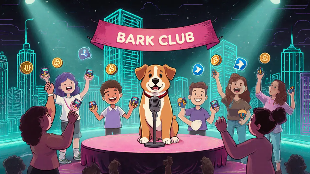 Dog on stage with community members holding UPDOG tokens and a "Bark Club" banner.