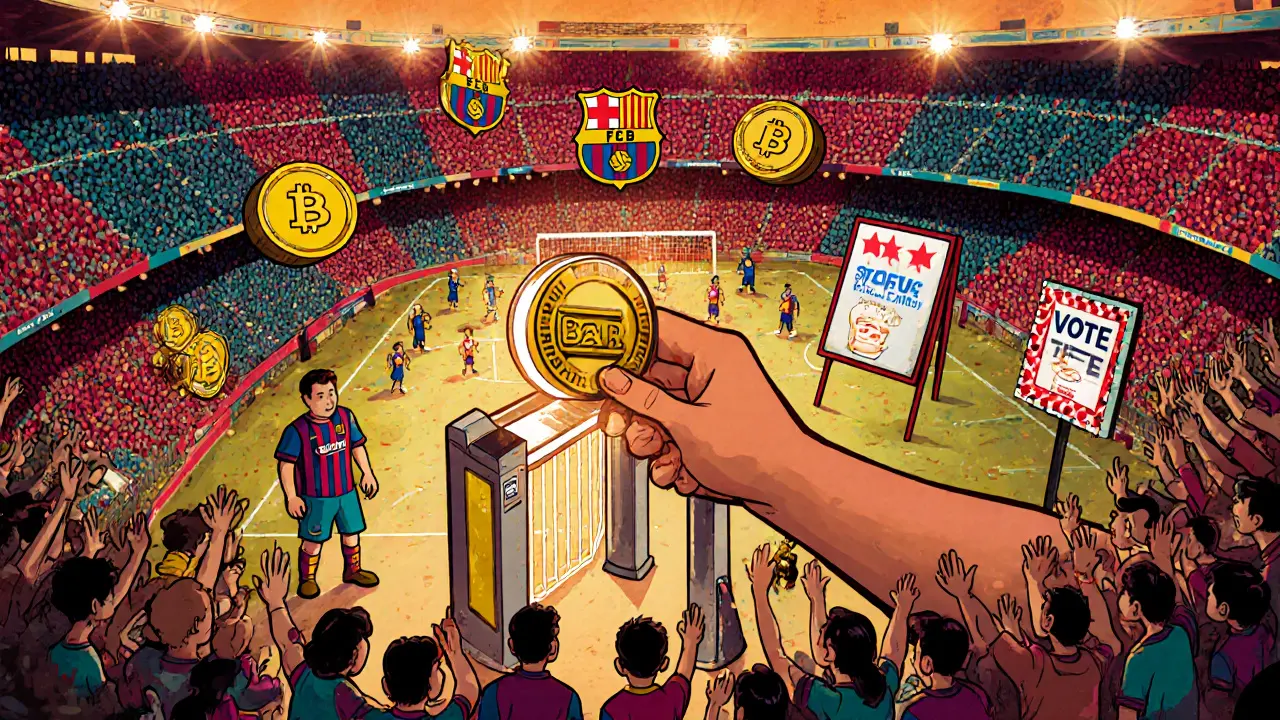 Fan scans BAR token for VIP stadium entry, with NFT and charity voting visuals.