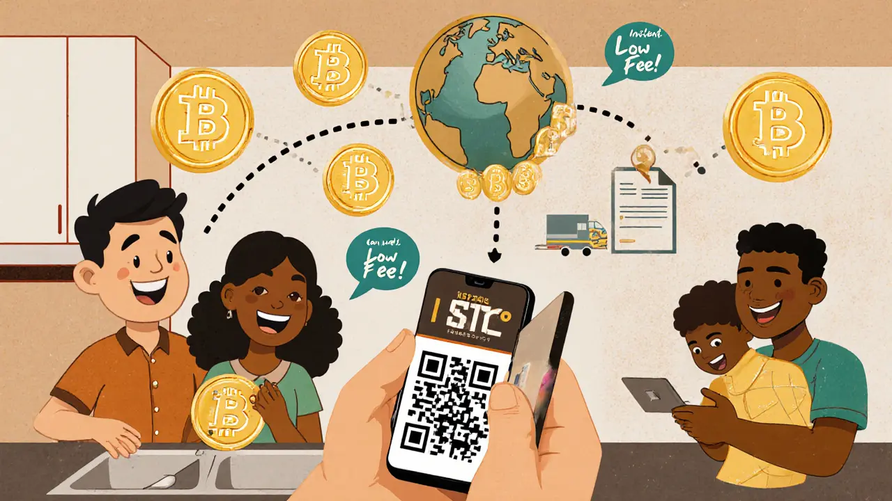 Filipino worker sending USDC via QR code to family, linked to African‑European cross‑border payment.