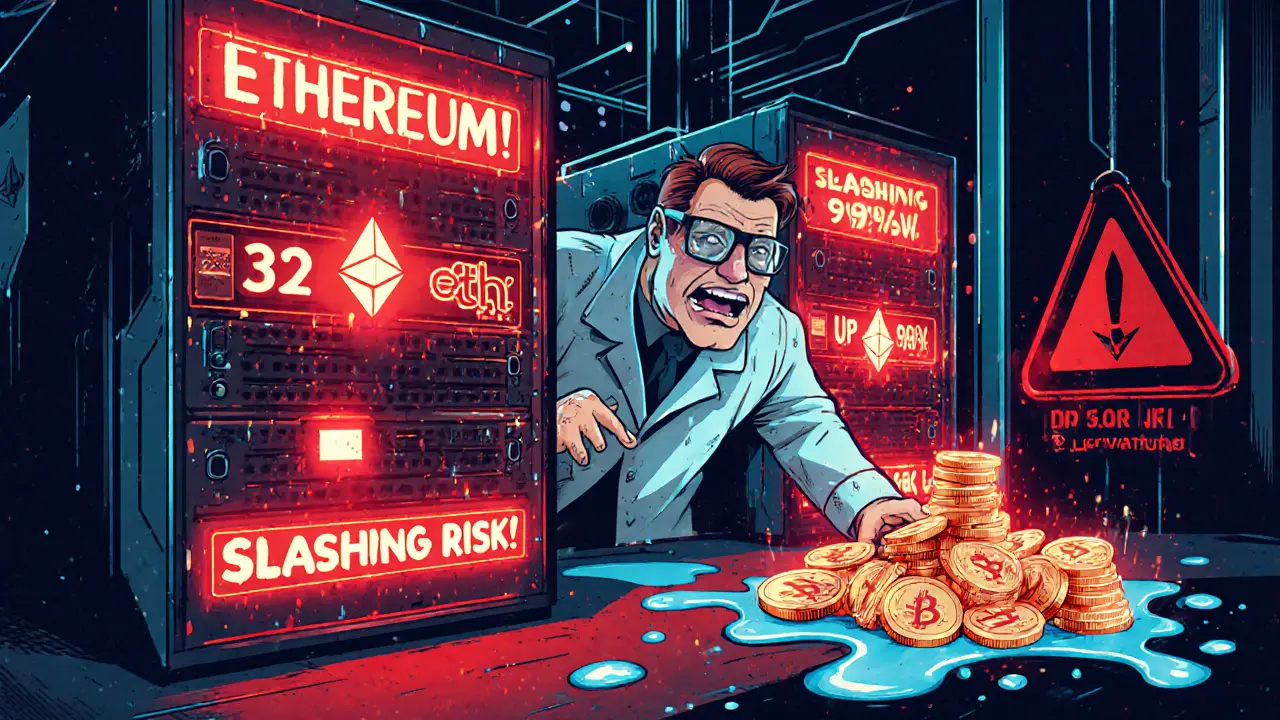 Frantic engineer monitoring Ethereum validator with warning signs and melting coins