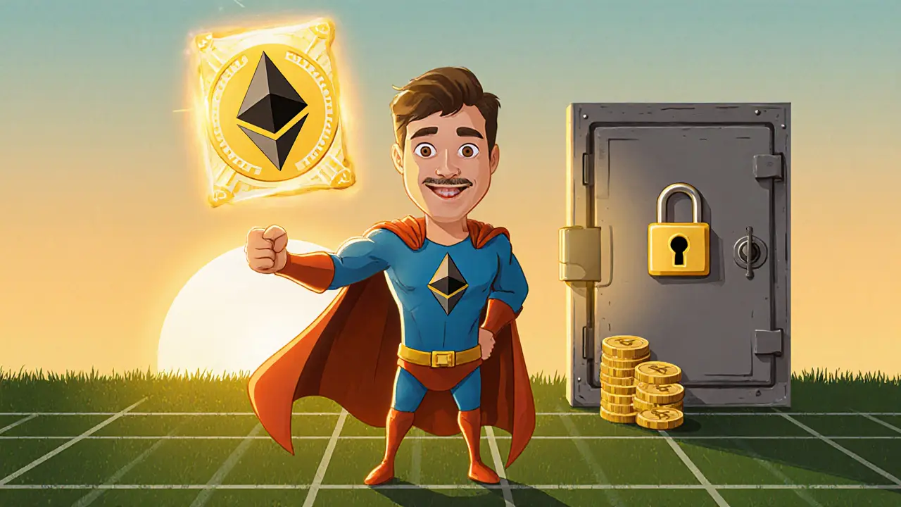 Hero holding glowing football NFT card with Ethereum logo and vault door for security.