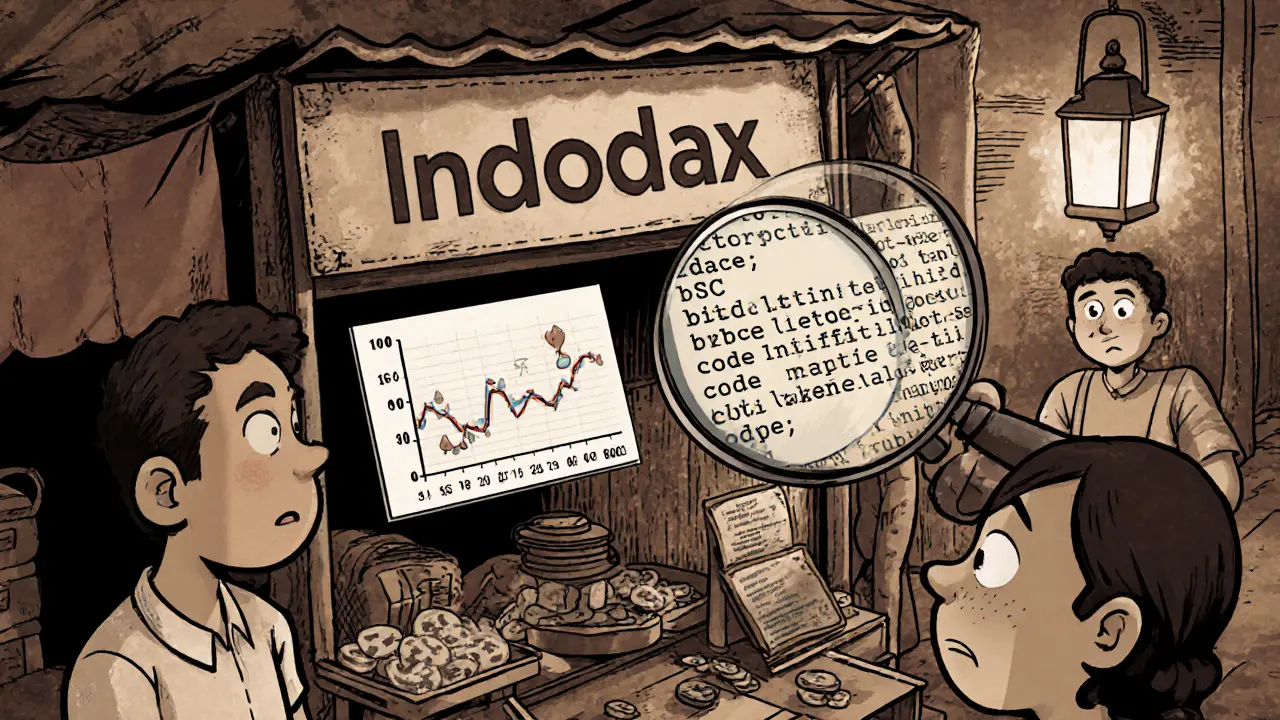 Indodax market stall with tiny volume droplets and a magnifying glass over an unverified contract.