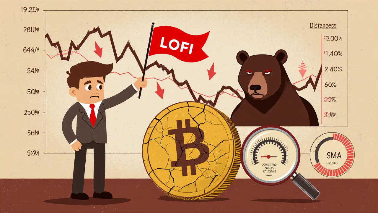 Investor examining a cracked LOFI coin with a magnifying glass, warning flag, and downward graph.