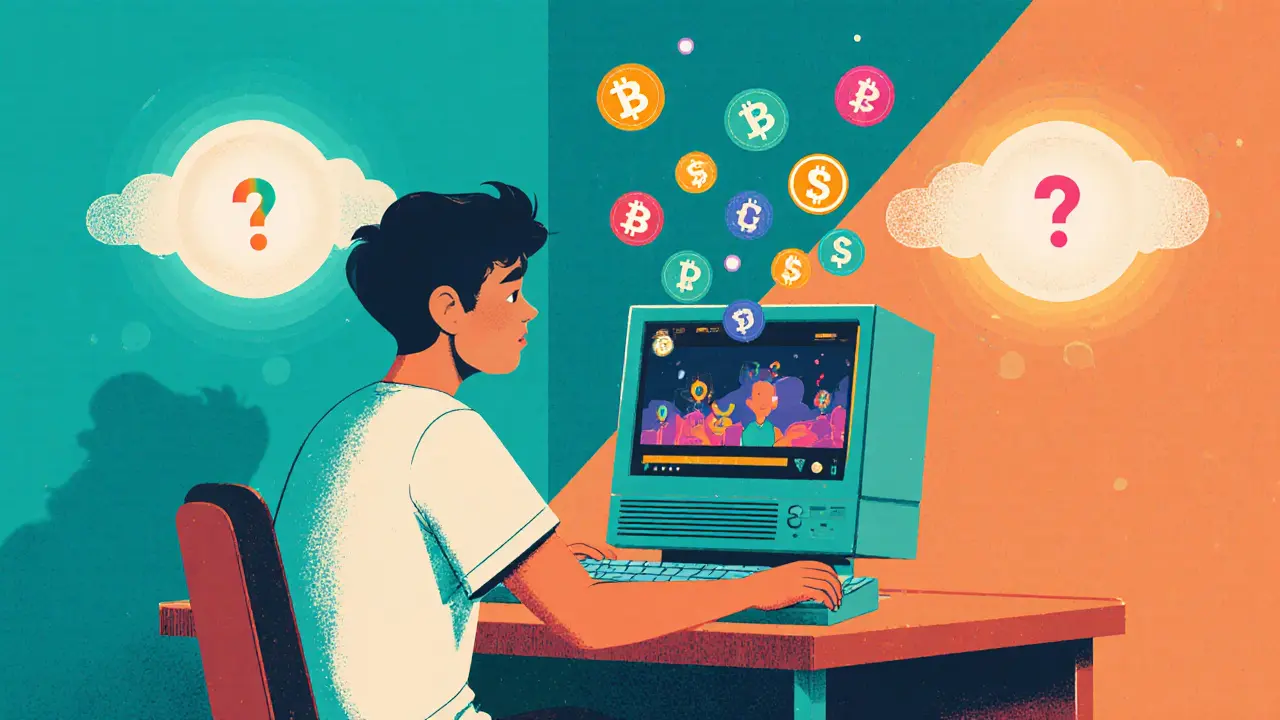 Person watching a video on a retro computer with token bubbles rising, hinting at watch‑to‑earn.