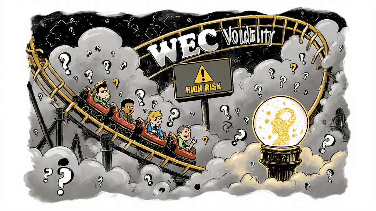 Roller‑coaster labeled WTEC volatility with cartoon investors and a crystal ball showing future predictions.
