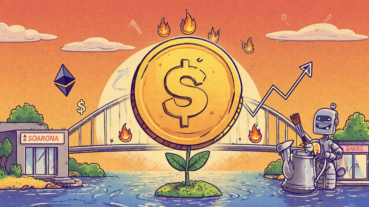 Smiling $SAROS coin with token burns, staking plant, price chart, and cross‑chain bridge.