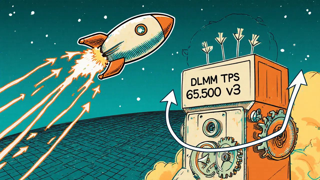 Solana rocket and DLMM engine showing fast transactions and low‑slippage swaps.