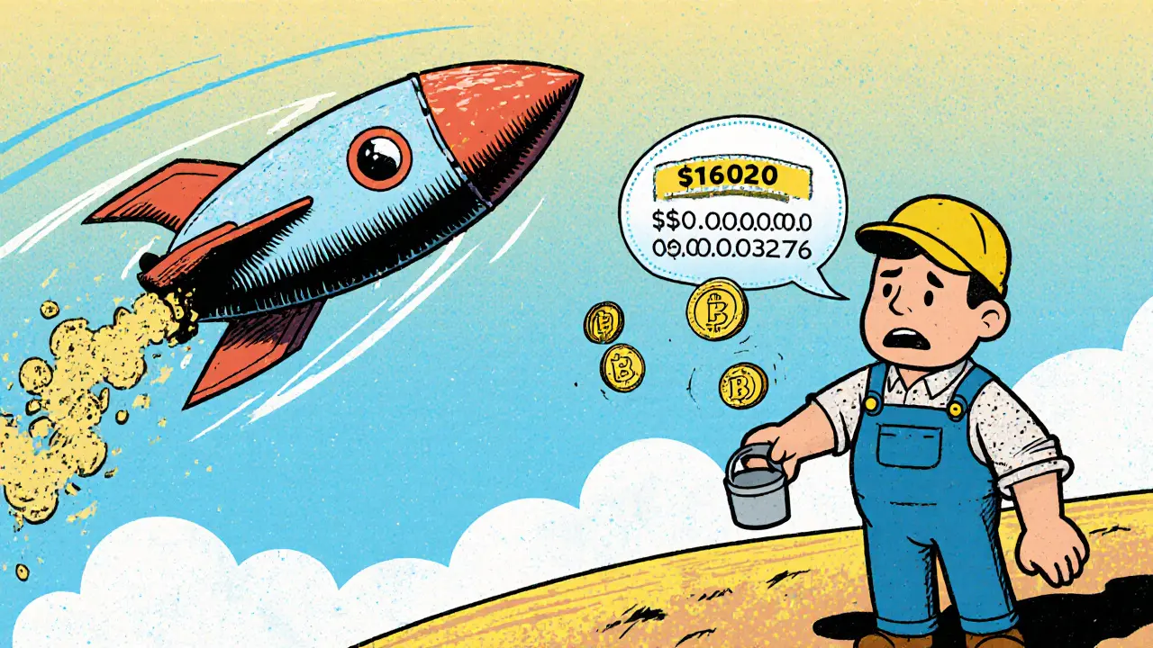 Solana rocket spews tiny STITCH tokens while a miner struggles with high fees.