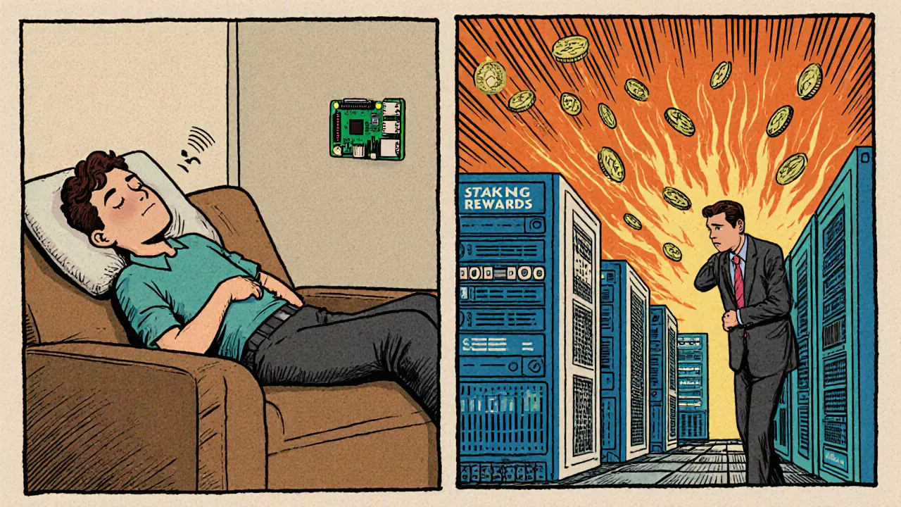 Split scene: relaxed person with full node vs stressed executive with validator servers