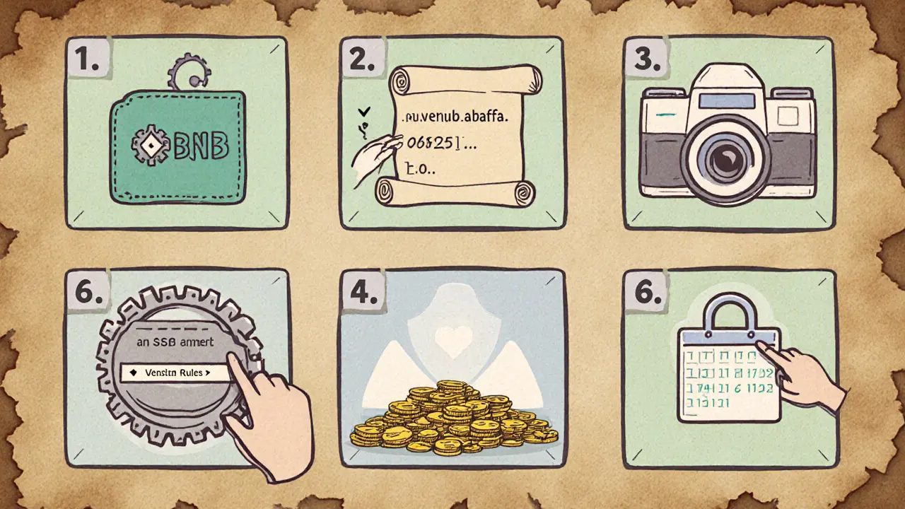 Step‑by‑step vintage cartoon panels illustrating safe SSF airdrop claim process.