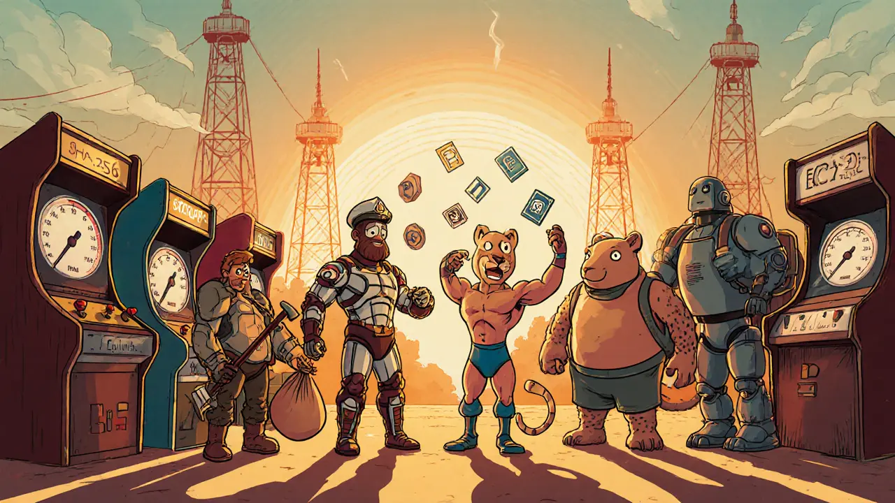 Vintage cartoon algorithm fair with characters for SHA‑256, Keccak, Scrypt, BLAKE2b, Equihash.