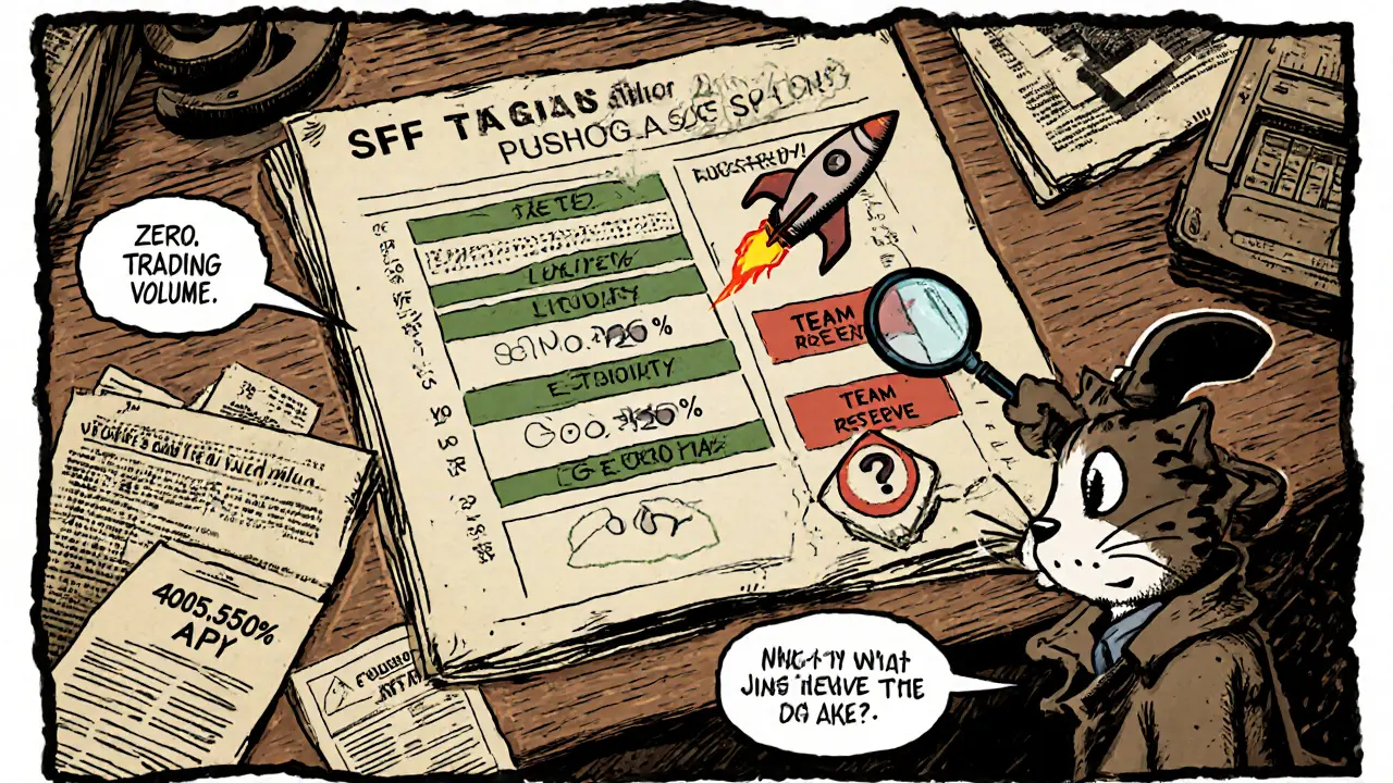 Vintage cartoon ledger showing SSF token allocation and warning symbols.