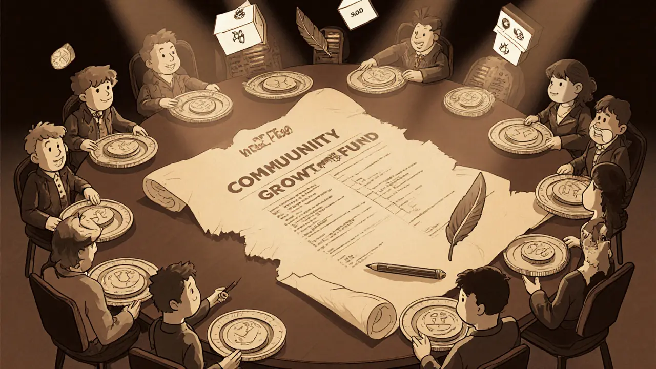 Vintage cartoon of diverse avatars voting at a round table with token plates and proposal scroll.