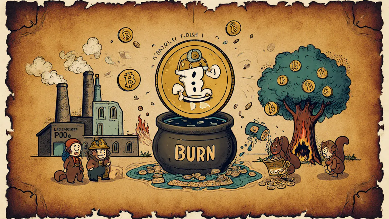 Vintage cartoon of MESH token being minted, staked, and burned in a furnace.