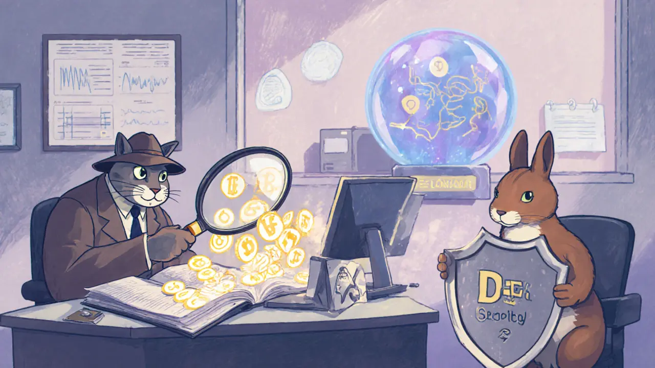 Vintage cartoon of MFSA compliance office with cat, rabbit, and squirrel overseeing AML and security.