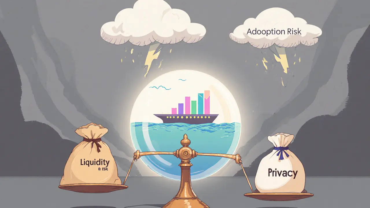 Vintage cartoon scene balancing liquidity and privacy risks while a crystal ball hints at growth.
