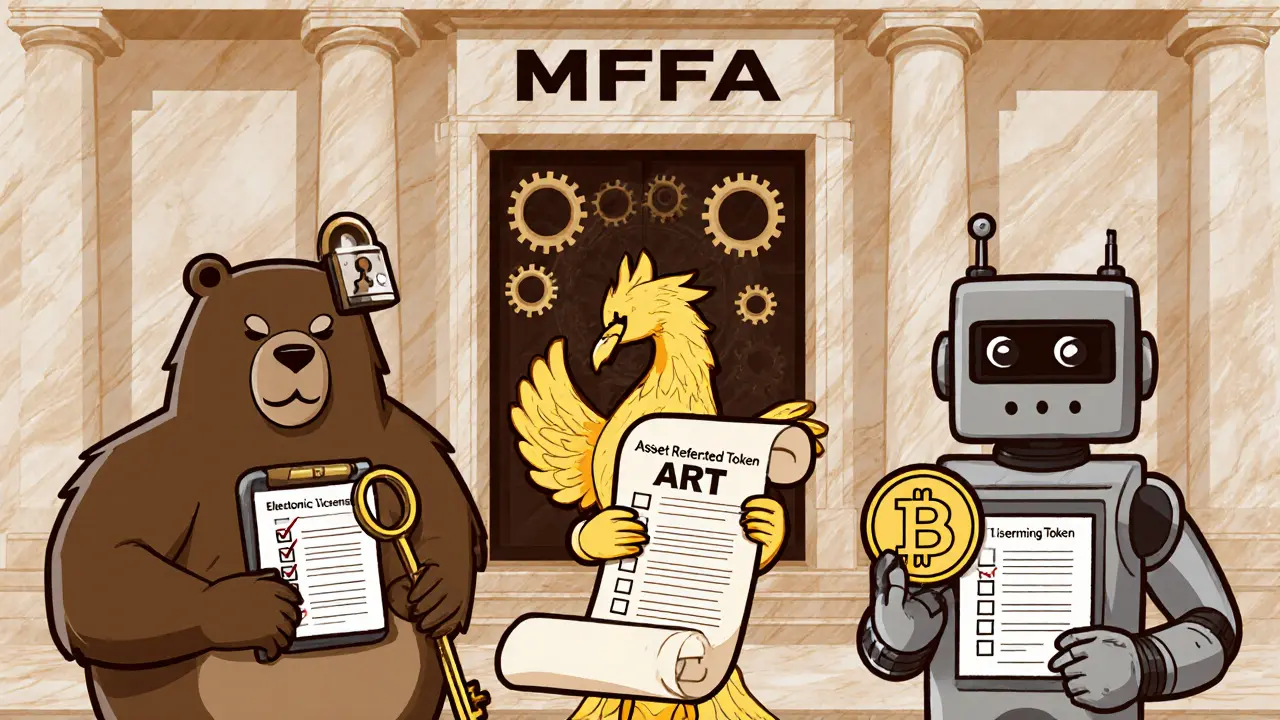 Vintage cartoon showing CASP bear, ART phoenix, and EMT robot with checklists before MFSA office.