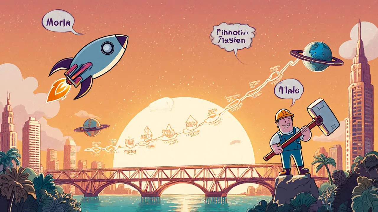 Vintage cartoon showing Continuum rocket, cross‑chain bridges, and land‑minting with a 1‑NUUM hammer.