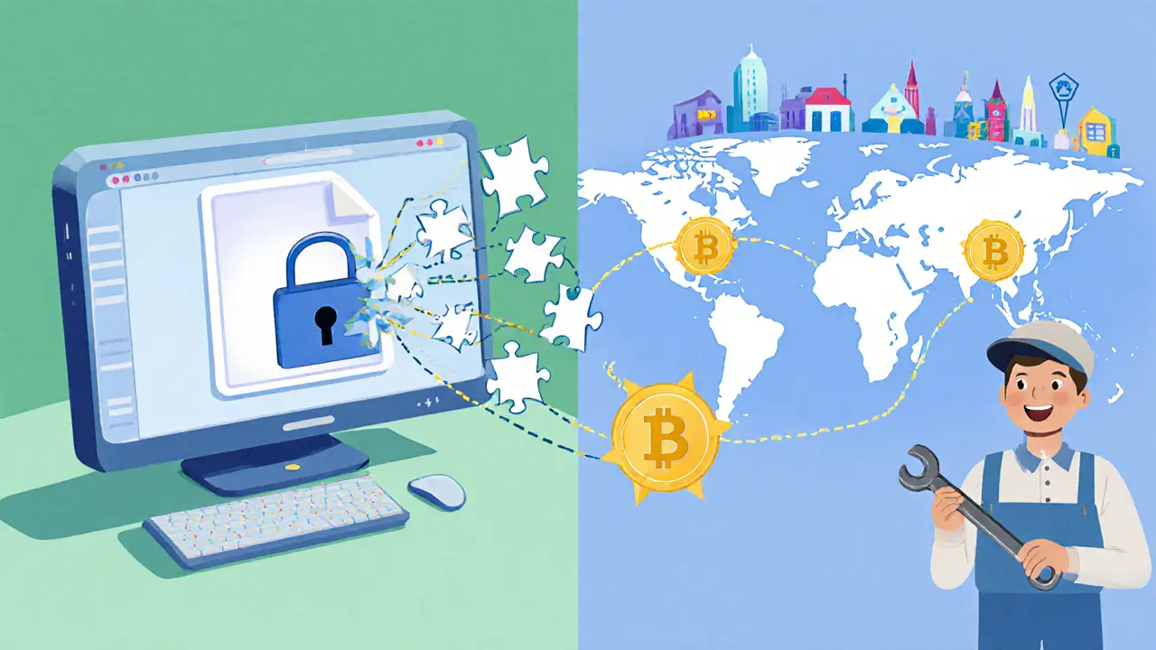 Vintage cartoon showing encrypted file shards traveling to global nodes with INXT coins as rewards.