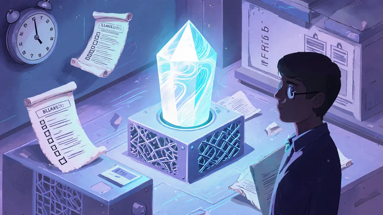 Vintage cartoon workshop showing developer with quantum crystal and hybrid hash device.