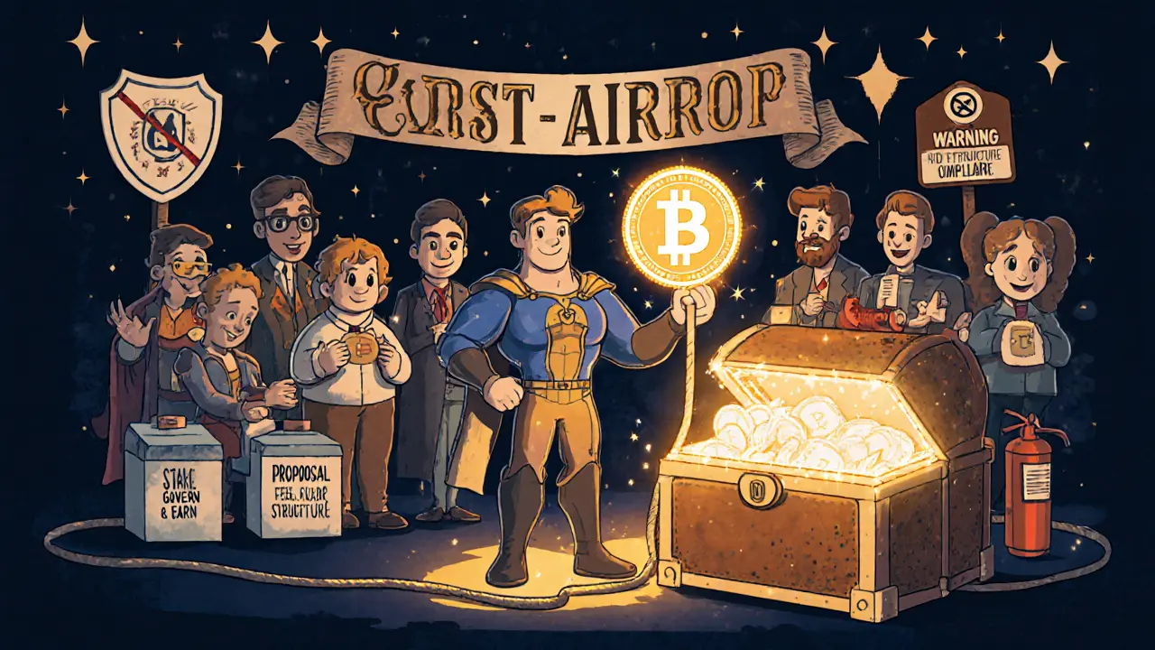 Vintage illustration of hero with EPAD token, hardware wallet, claim machine, and governance voting scene.