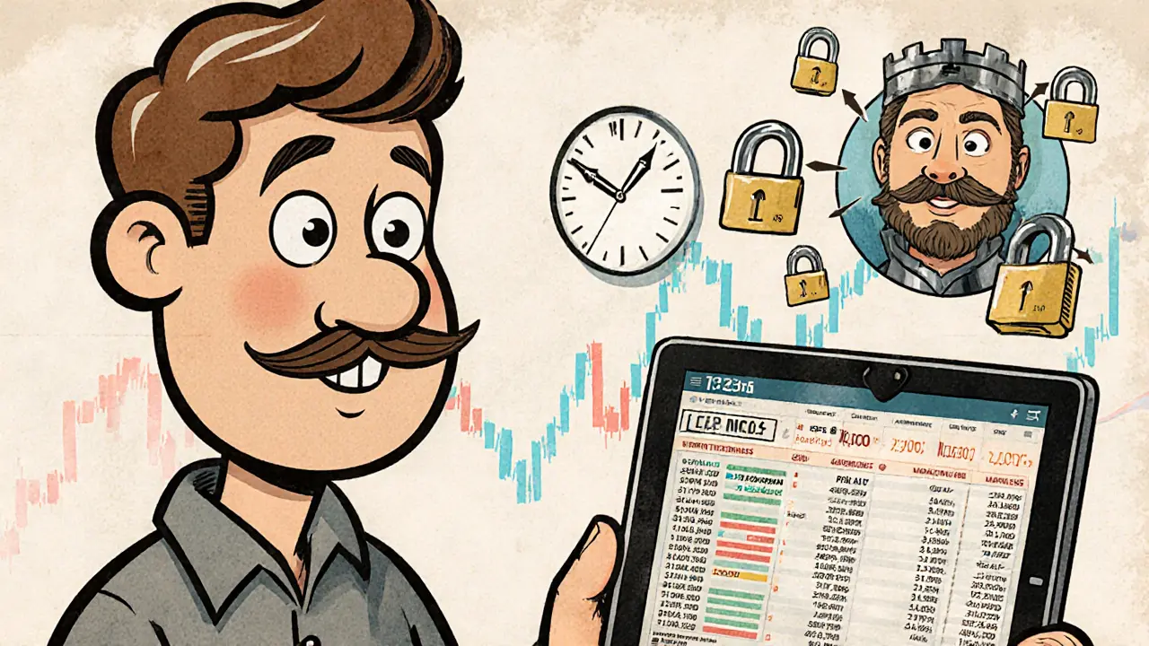 A beginner copying trades from a wise trader on a tablet, with security locks and a rising market chart in the background.