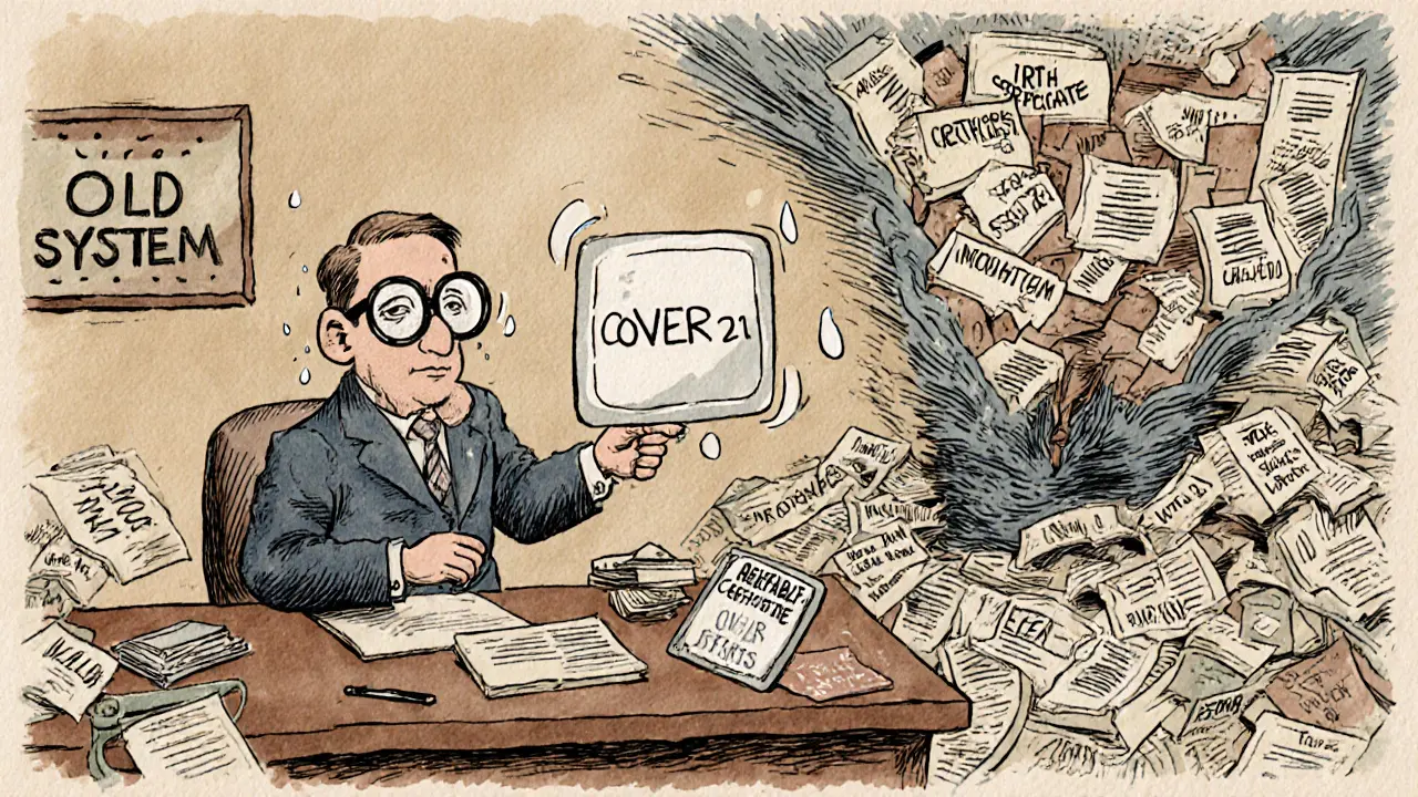 A confused government clerk watches a citizen share only &#039;Over 21&#039; on a screen, while paper documents vanish into a vortex.