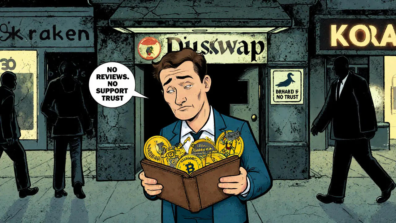 A confused investor holds obscure tokens in front of a deserted DuckSwap storefront with no customers.
