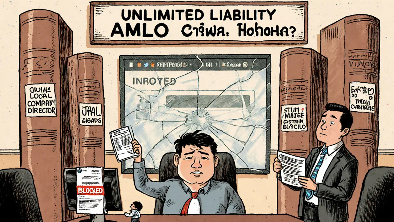 A foreign CEO panics in a Bangkok office surrounded by legal demands and a giant liability sign.