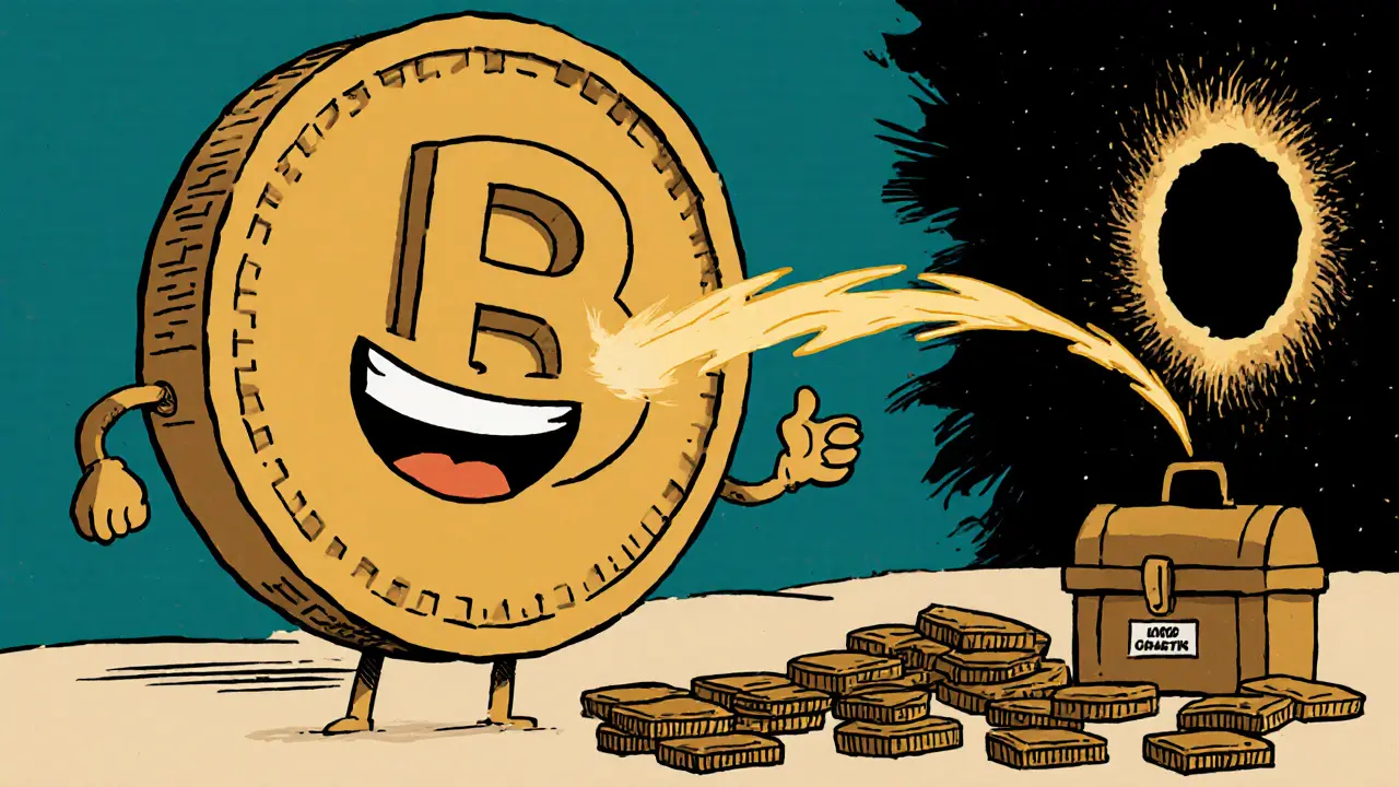 A giant WLBO token splitting a transaction into three glowing streams: burn, charity, and holder rewards.